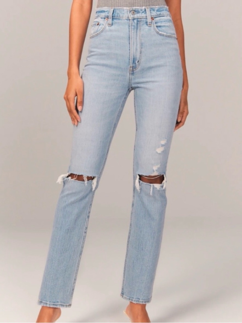 A&F Curve Love Distressed Ultra High Rise Ankle Straight Jeans